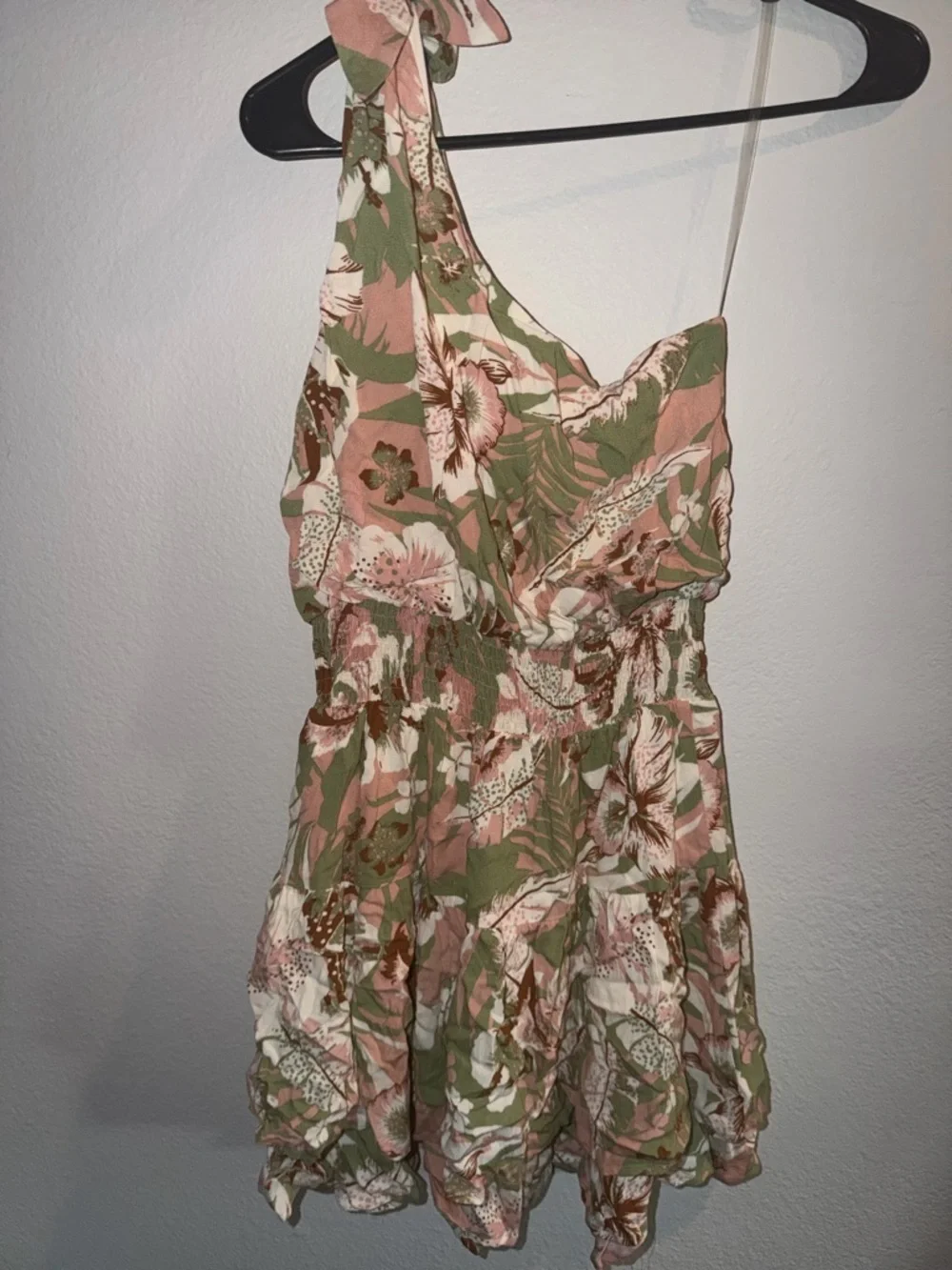One-Shoulder Floral Tropical Hawaiian Mini Sundress with Smock Waist Size S